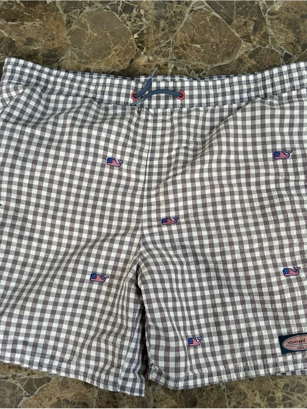 Vineyard Vines Gray & White Gingham Whale Print Shirt